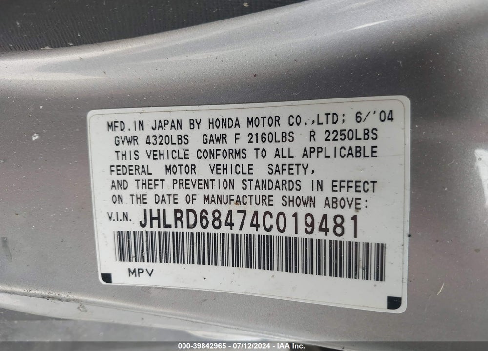 2004 HONDA CR-V LX VIN: JHLRD68474C019481