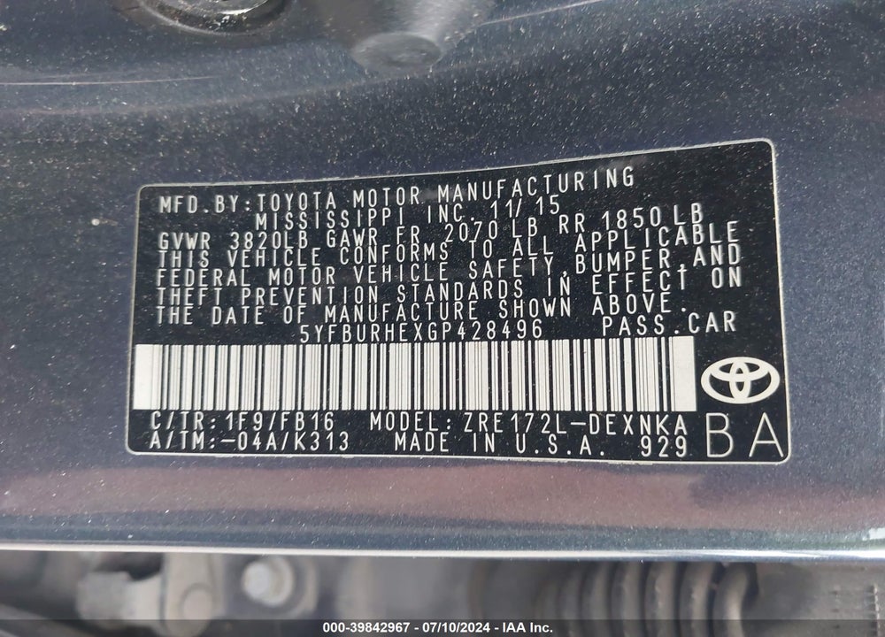 2016 TOYOTA COROLLA LE VIN: 5YFBURHEXGP428496