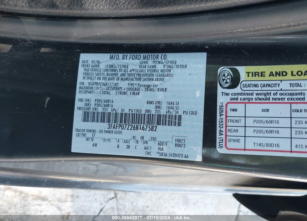 2006 FORD FUSION SE VIN: 3FAFP07Z26R167582