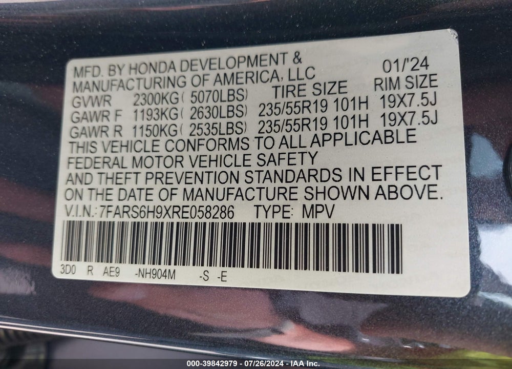 2024 HONDA CR-V HYBRID SPORT TOURING VIN: 7FARS6H9XRE058286