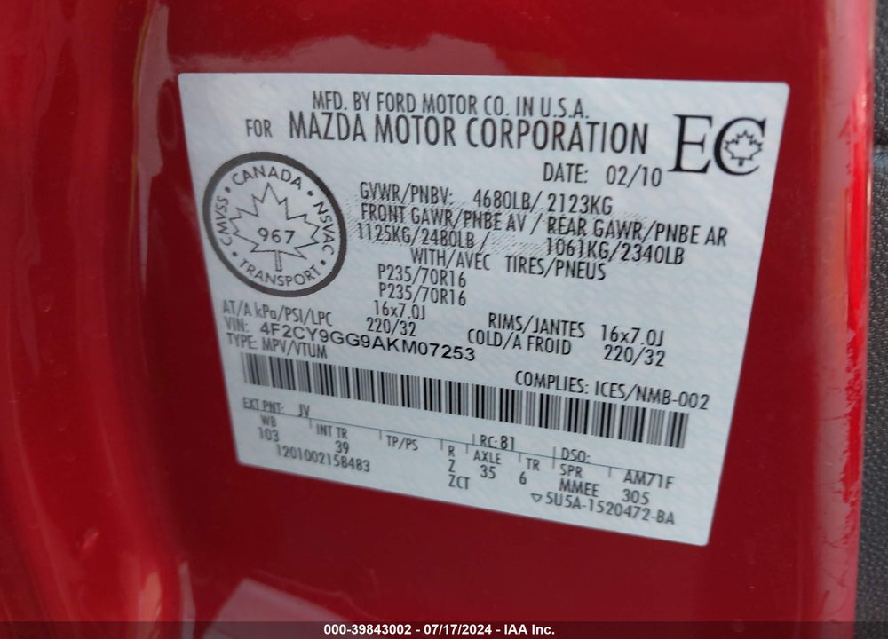 2010 MAZDA TRIBUTE S GRAND TOURING VIN: 4F2CY9GG9AKM07253