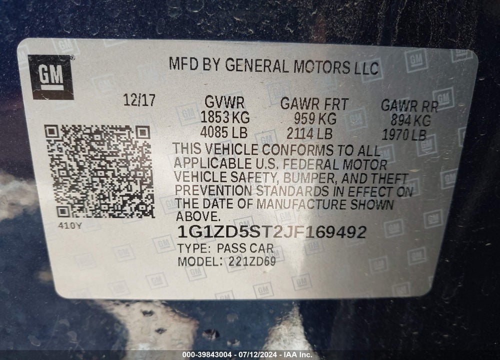 2018 CHEVROLET MALIBU VIN: 1G1ZD5ST2JF169492