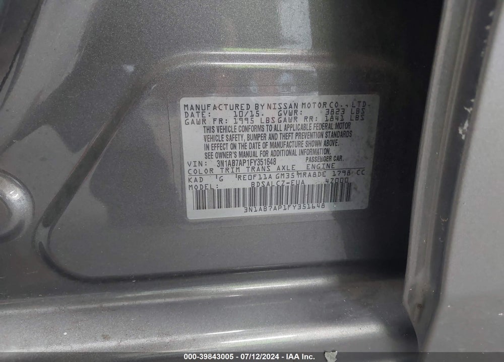 2015 NISSAN SENTRA S VIN: 3N1AB7AP1FY351648