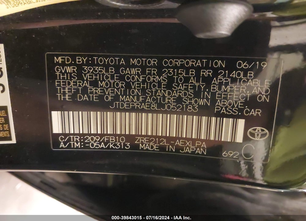 2020 TOYOTA COROLLA LE VIN: JTDEPRAE8LJ052183