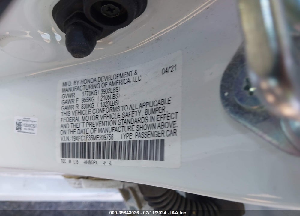 2021 HONDA CIVIC EX VIN: 19XFC1F35ME209756
