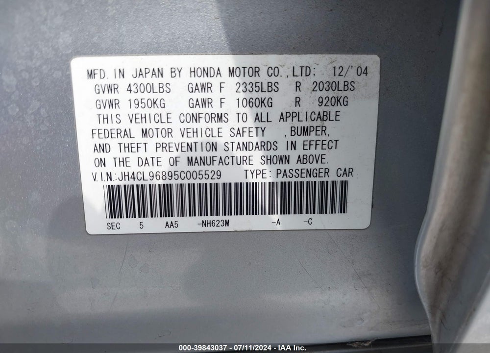 2005 ACURA TSX VIN: JH4CL96895C005529