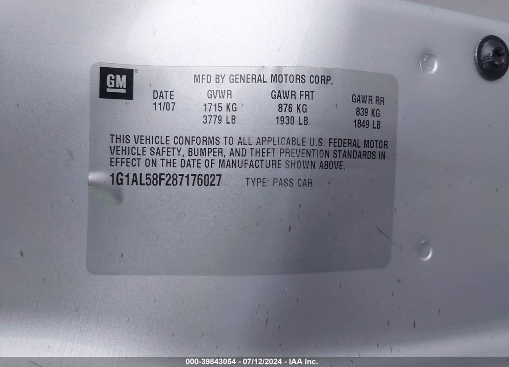 2008 CHEVROLET COBALT LT VIN: 1G1AL58F287176027