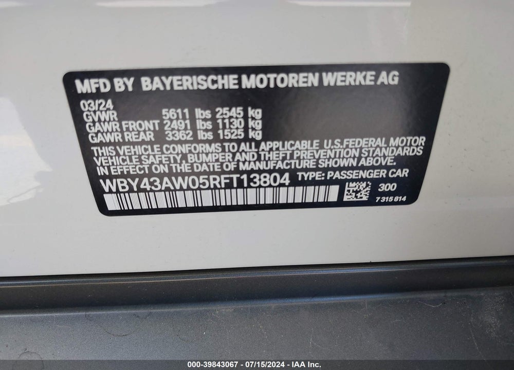 2024 BMW I4 EDRIVE35 VIN: WBY43AW05RFT13804