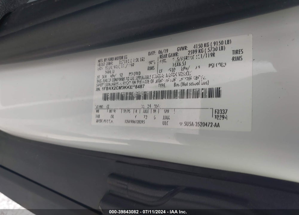 2019 FORD TRANSIT-350 XLT VIN: 1FBAX2CM9KKB18487