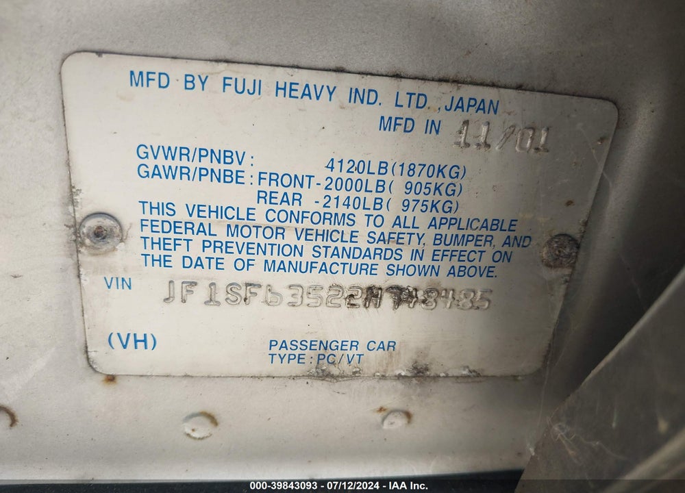 2002 SUBARU FORESTER L VIN: JF1SF63522H748485