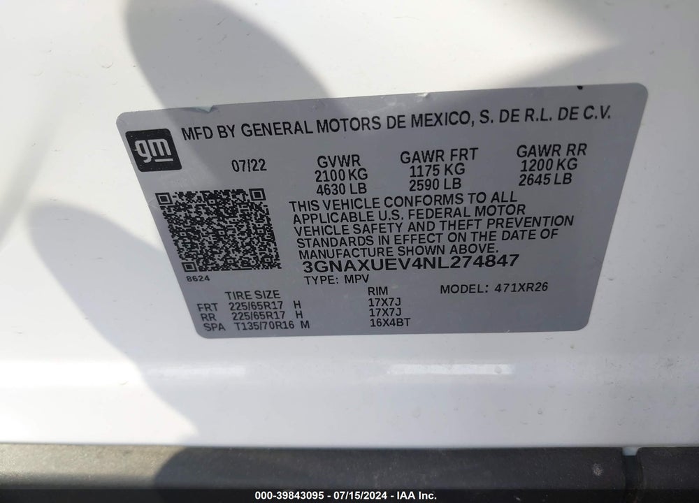 2022 CHEVROLET EQUINOX AWD LT VIN: 3GNAXUEV4NL274847
