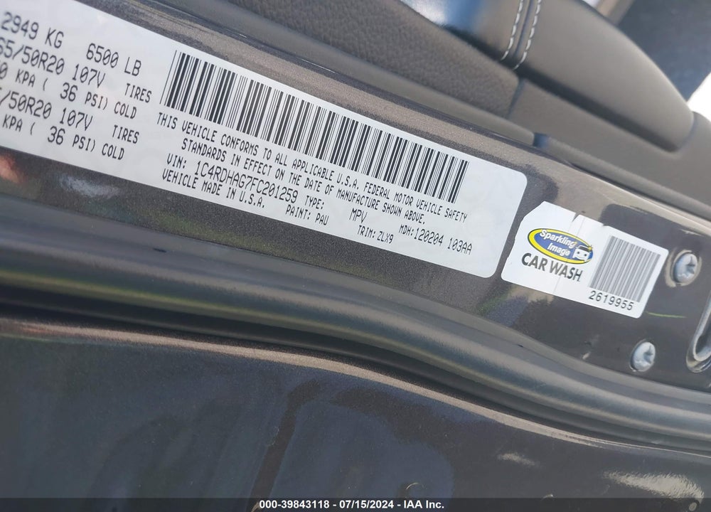 2015 DODGE DURANGO SXT VIN: 1C4RDHAG7FC201259