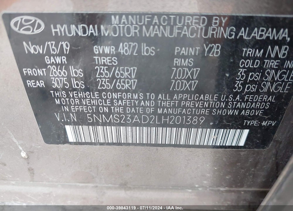 2020 HYUNDAI SANTA FE SE VIN: 5NMS23AD2LH201389
