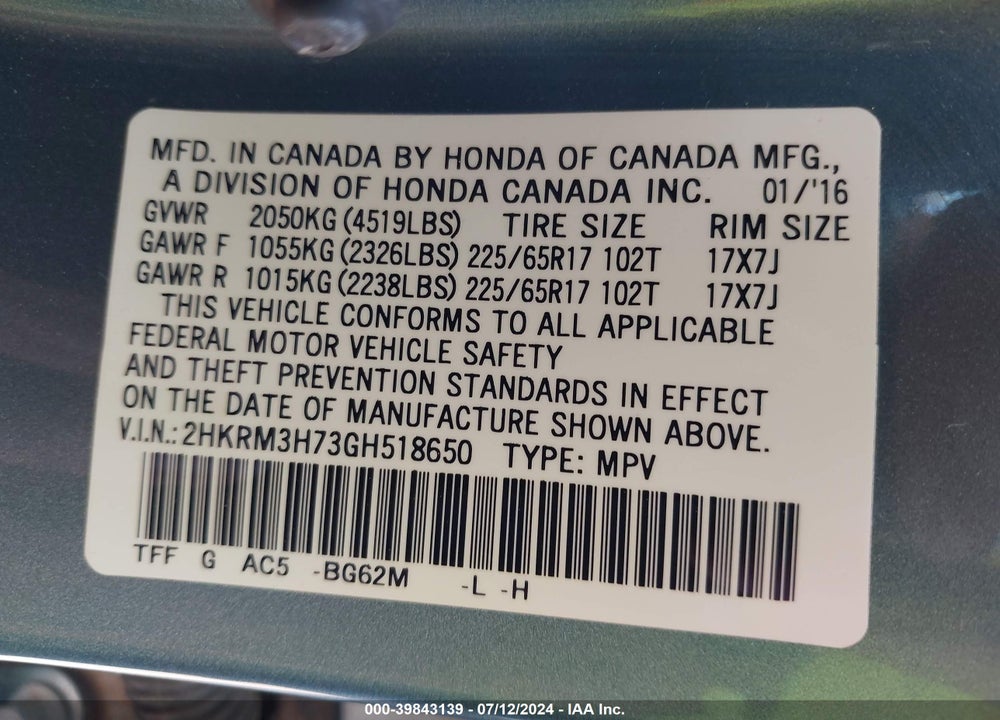 2016 HONDA CR-V EX-L VIN: 2HKRM3H73GH518650