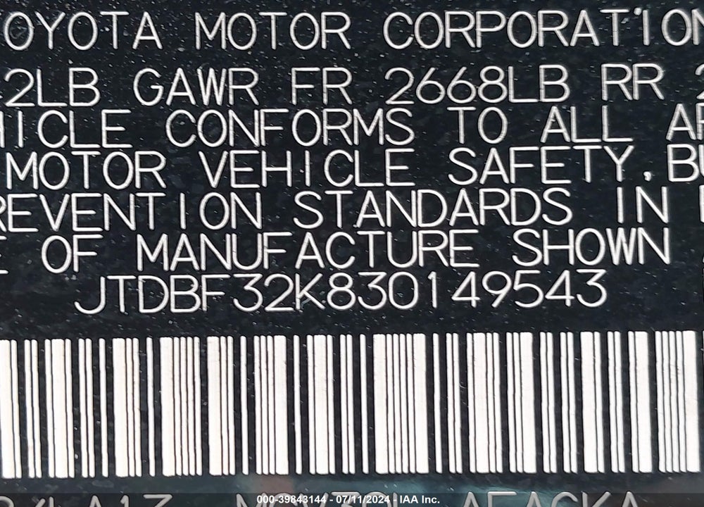 2003 TOYOTA CAMRY XLE V6 VIN: JTDBF32K830149543