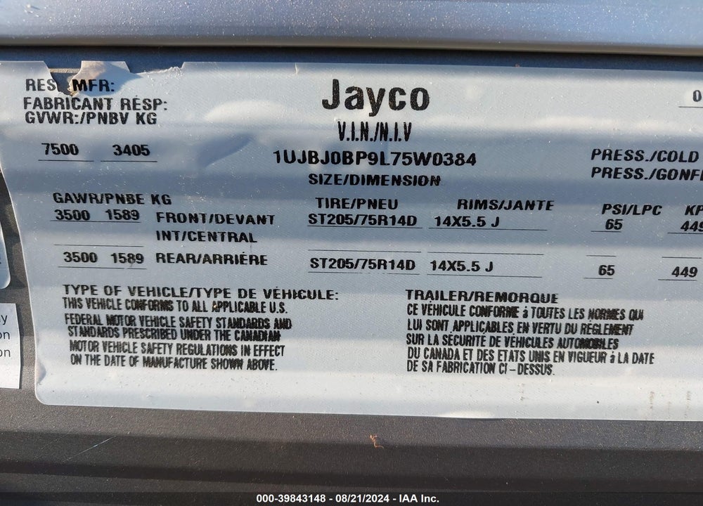 2020 JAYCO JAY FLIGHT VIN: 1UJBJ0BP9L75W0384