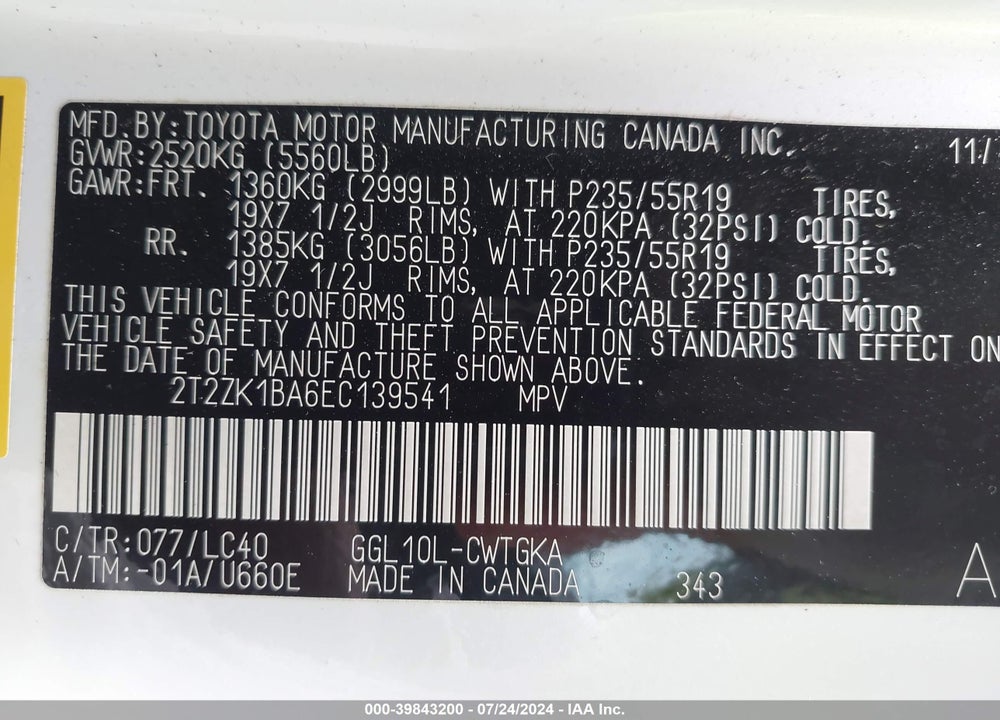 2014 LEXUS RX 350 VIN: 2T2ZK1BA6EC139541