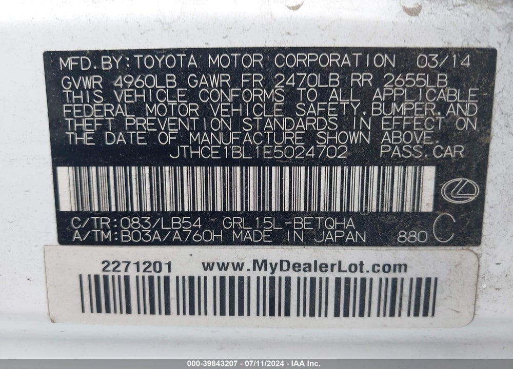 2014 LEXUS GS 350 VIN: JTHCE1BL1E5024702