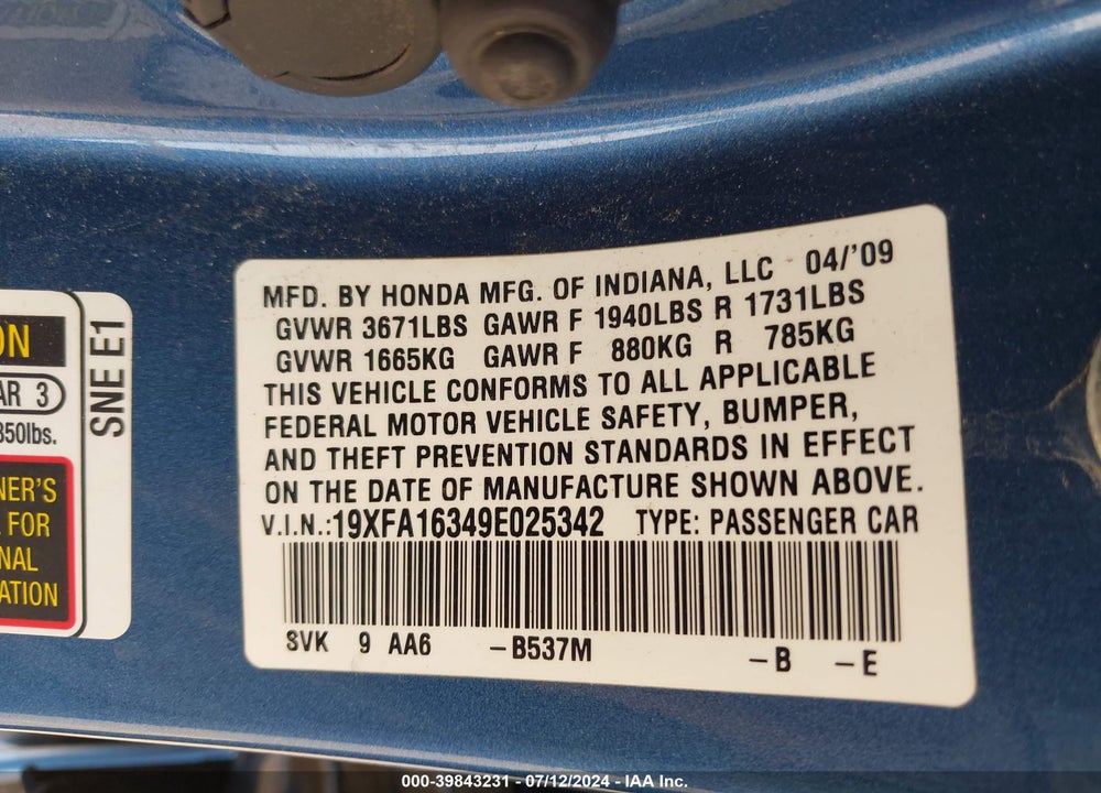 2009 HONDA CIVIC VP VIN: 19XFA16349E025342