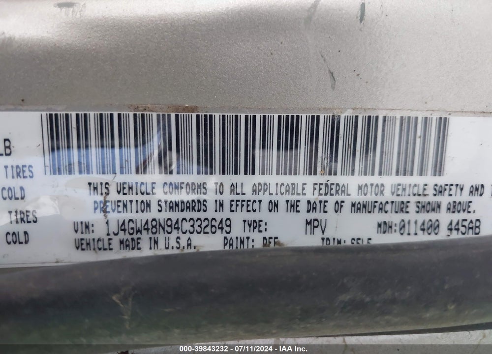 2004 JEEP GRAND CHEROKEE LAREDO VIN: 1J4GW48N94C332649