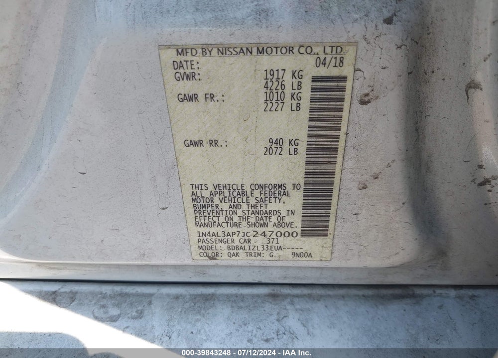 2018 NISSAN ALTIMA 2.5 SV VIN: 1N4AL3AP7JC247000