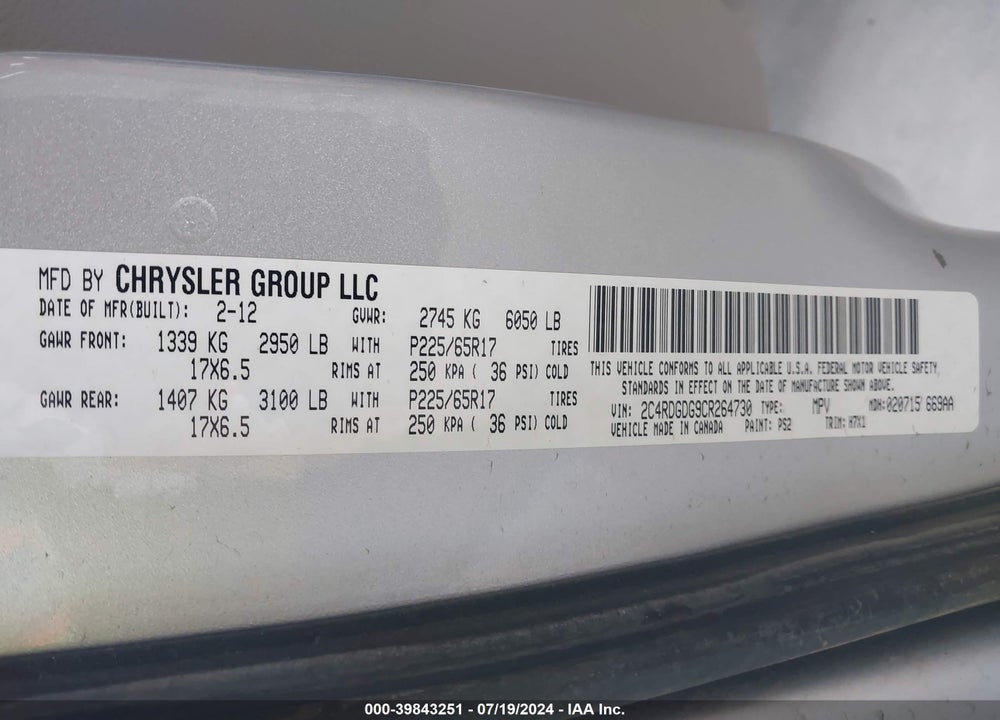 2012 DODGE GRAND CARAVAN CREW VIN: 2C4RDGDG9CR264730