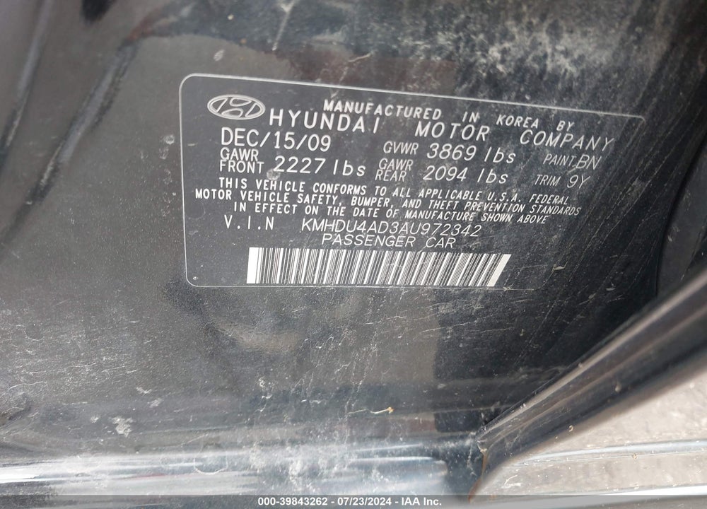 2010 HYUNDAI ELANTRA GLS VIN: KMHDU4AD3AU972342