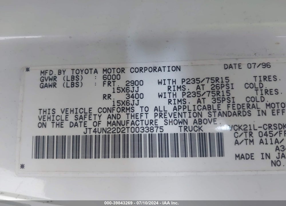 1996 TOYOTA T100 XTRACAB VIN: JT4UN22D2T0033875