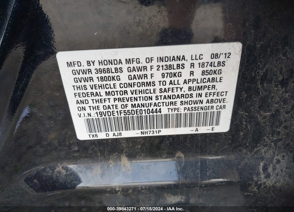 2013 ACURA ILX 2.0L VIN: 19VDE1F55DE010444