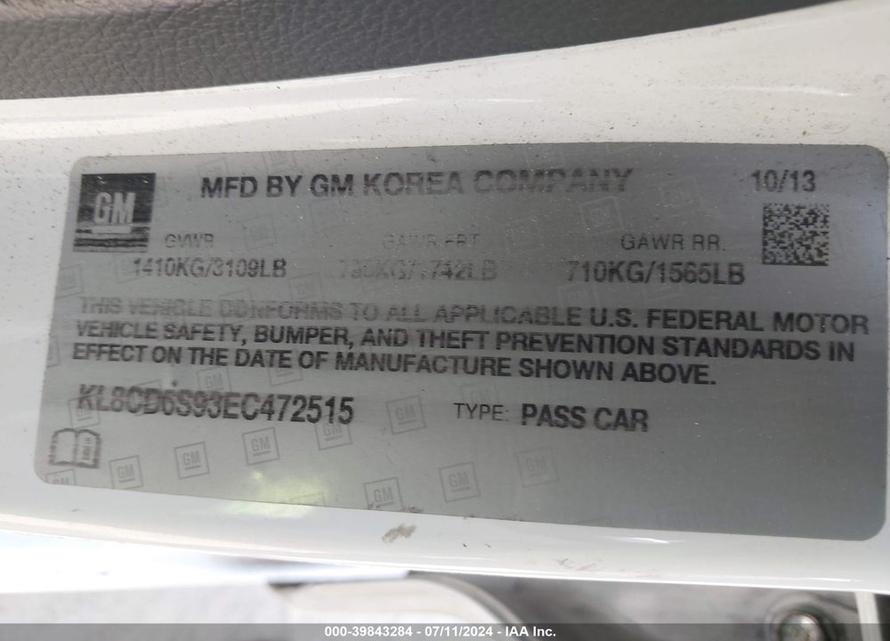 2014 CHEVROLET SPARK 1LT AUTO VIN: KL8CD6S93EC472515
