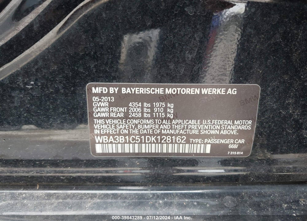2013 BMW 320I VIN: WBA3B1C51DK128162