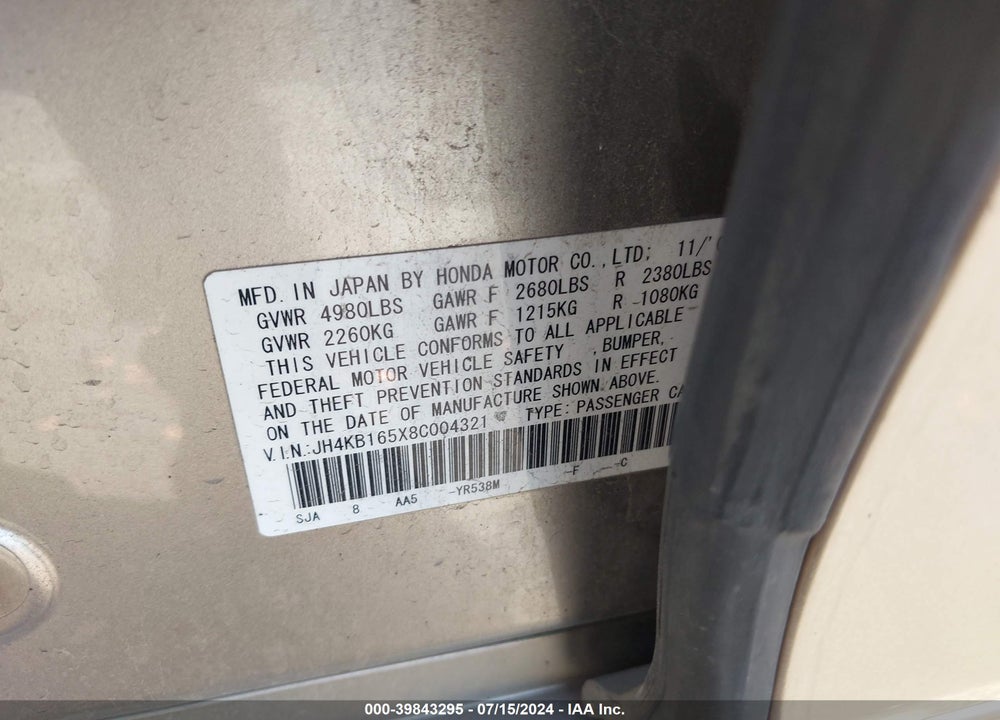 2008 ACURA RL 3.5 VIN: JH4KB165X8C004321