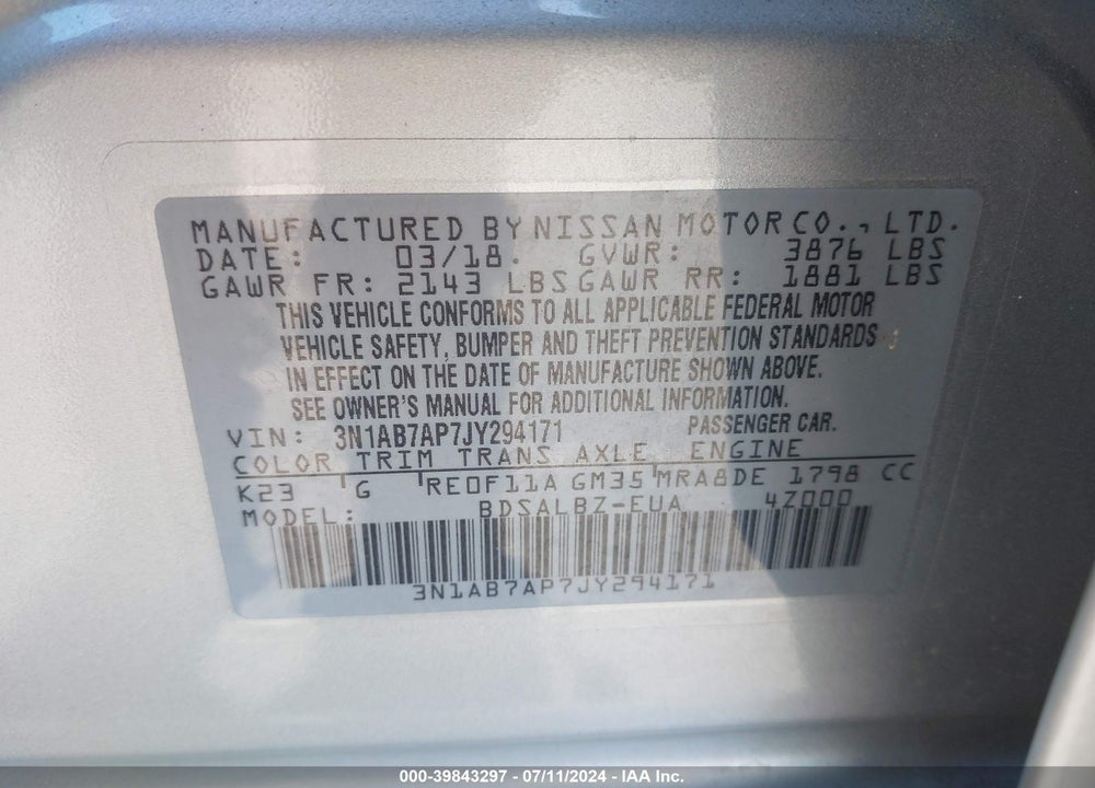 2018 NISSAN SENTRA S VIN: 3N1AB7AP7JY294171