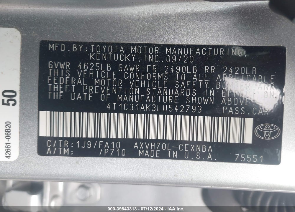 2020 TOYOTA CAMRY LE HYBRID VIN: 4T1C31AK3LU542793