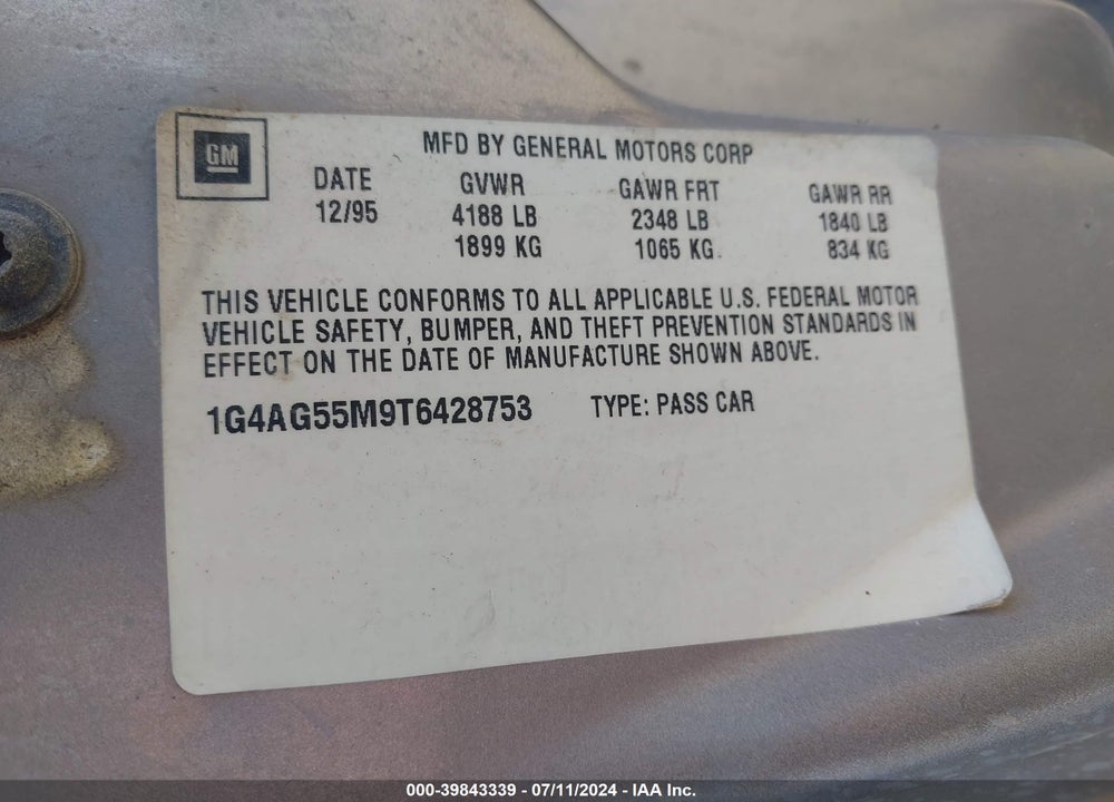 1996 BUICK CENTURY SPECIAL/CUSTOM/LIMITED VIN: 1G4AG55M9T6428753
