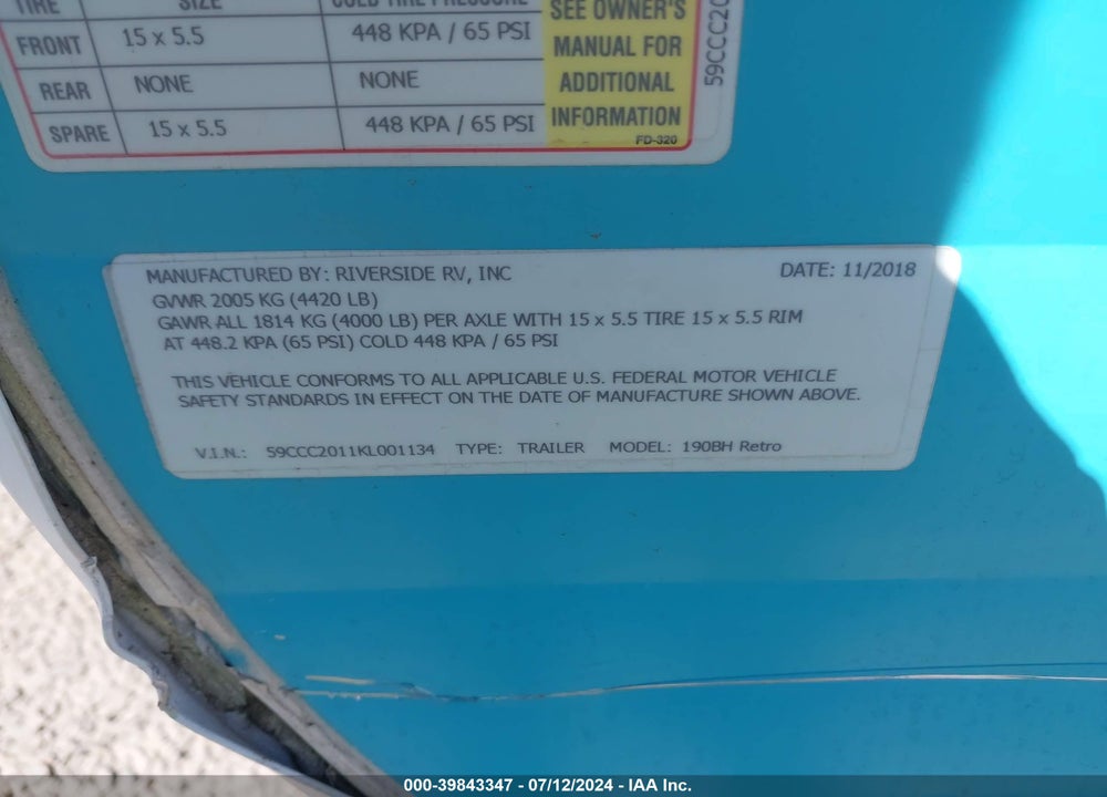 2019 RIVERSIDE RETRO VIN: 59CCC2011KL001134