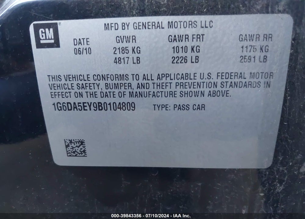 2011 CADILLAC CTS STANDARD VIN: 1G6DA5EY9B0104809