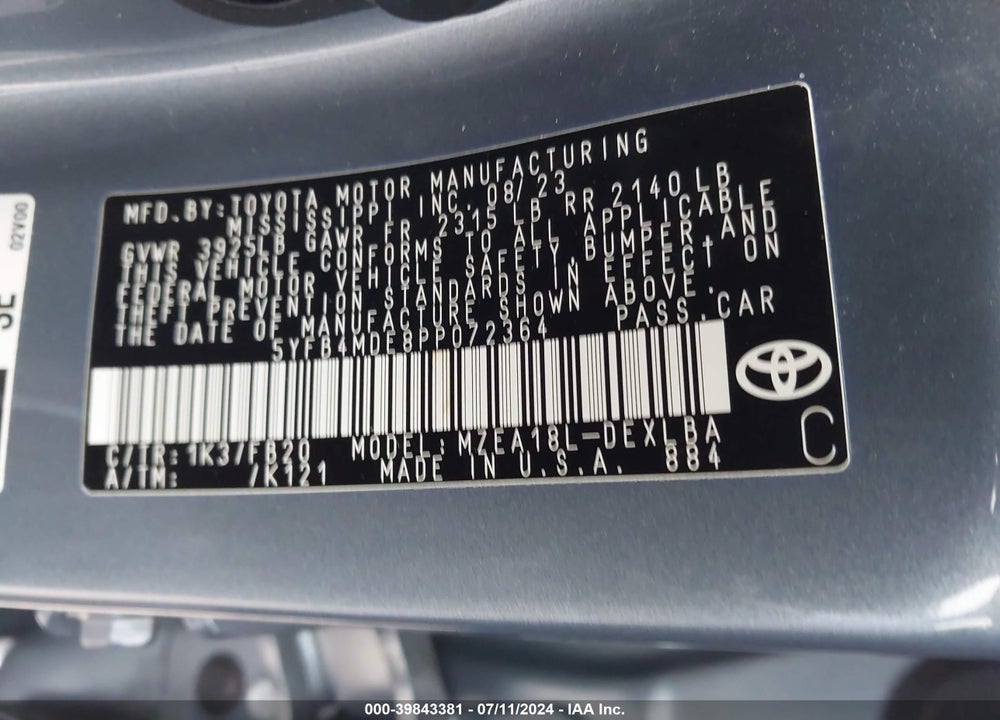 2023 TOYOTA COROLLA LE VIN: 5YFB4MDE8PP072364