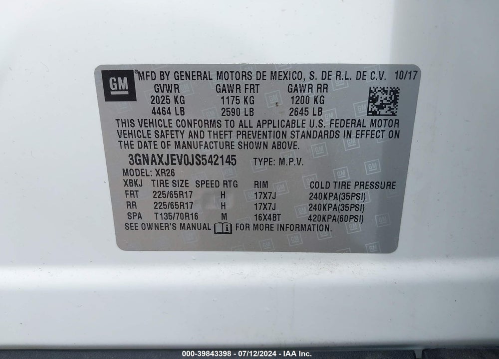 2018 CHEVROLET EQUINOX LT VIN: 3GNAXJEV0JS542145