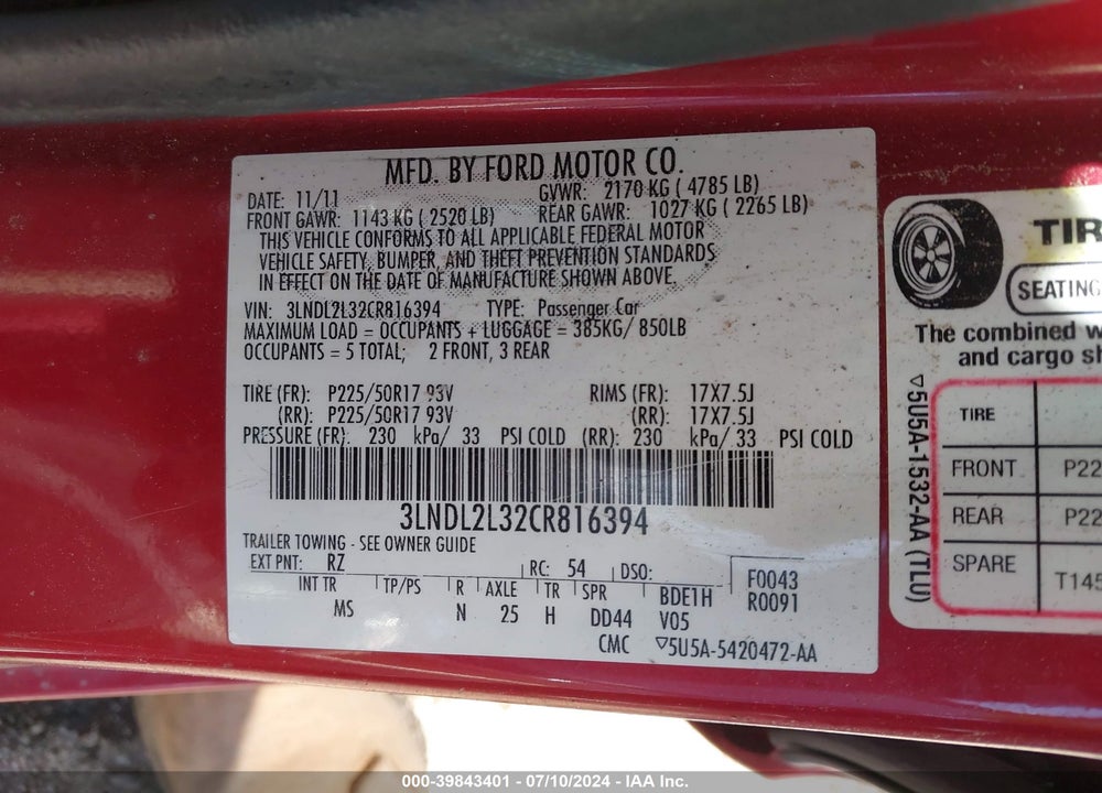 2012 LINCOLN MKZ HYBRID VIN: 3LNDL2L32CR816394