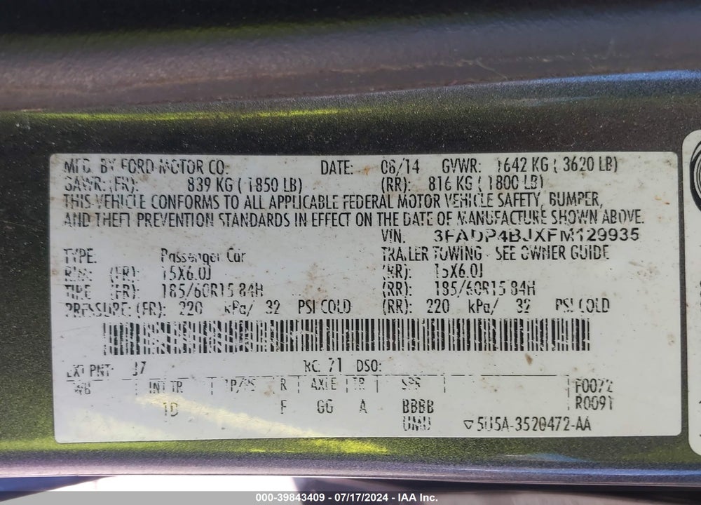 2015 FORD FIESTA SE VIN: 3FADP4BJXFM129935