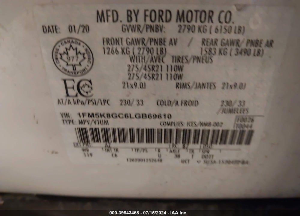 2020 FORD EXPLORER VIN: 1FM5K8GC6LGB69610