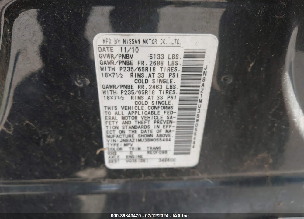 2011 NISSAN MURANO SL VIN: JN8AZ1MU3BW055494