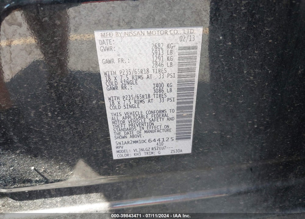 2013 NISSAN PATHFINDER SL VIN: 5N1AR2MM1DC644125