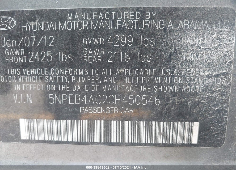 2012 HYUNDAI SONATA GLS VIN: 5NPEB4AC2CH450546