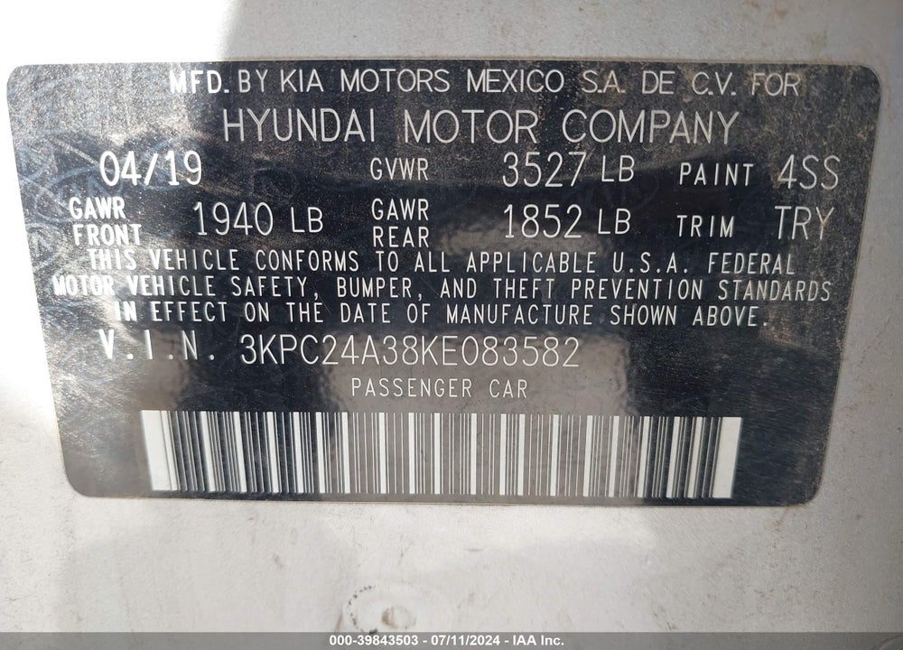 2019 HYUNDAI ACCENT SE VIN: 3KPC24A38KE083582