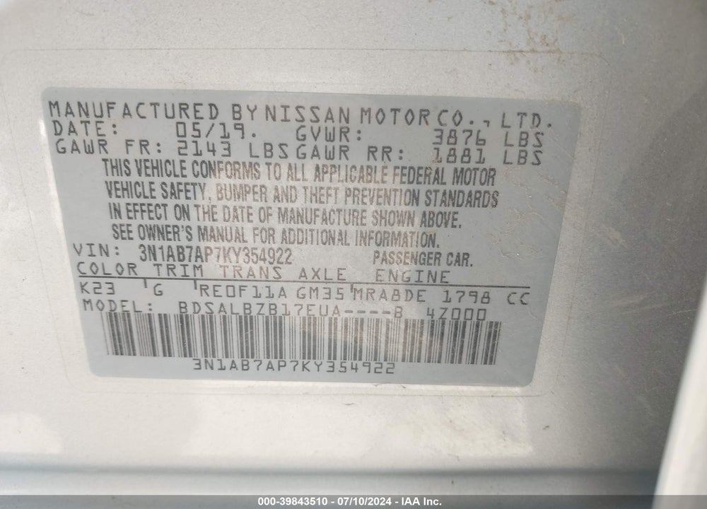 2019 NISSAN SENTRA VIN: 3N1AB7AP7KY354922