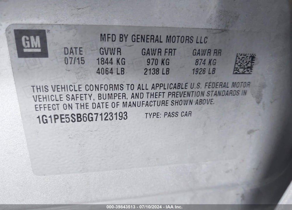 2016 CHEVROLET CRUZE LIMITED 1LT AUTO VIN: 1G1PE5SB6G7123193