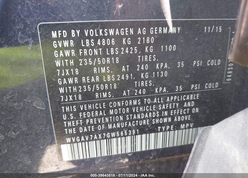 2016 VOLKSWAGEN TIGUAN SE VIN: WVGAV7AX7GW565391