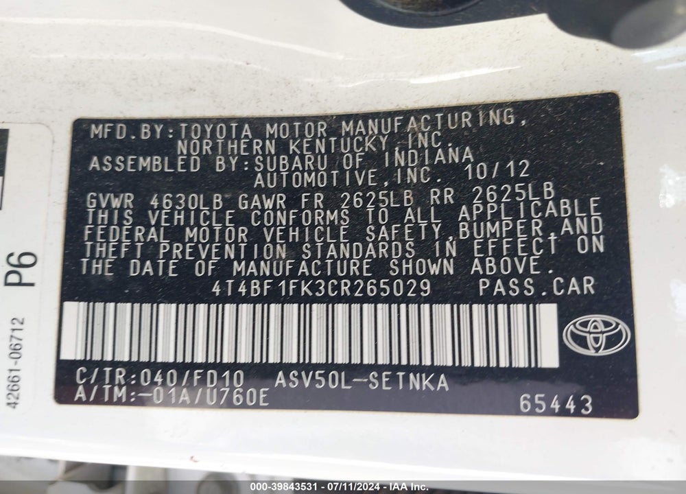 2012 TOYOTA CAMRY LE VIN: 4T4BF1FK3CR265029